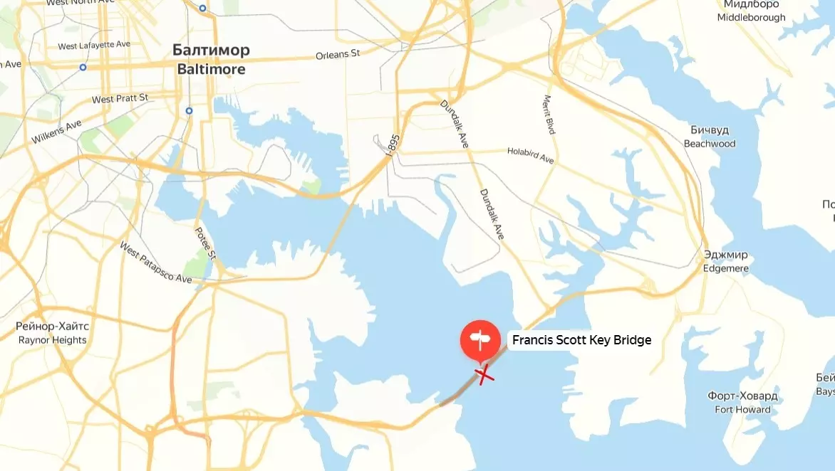 Локация обрушения моста Key Bridge Фрэнсиса Скотта.