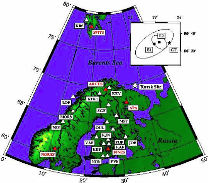 Фото №8. Карта расположения сейсмических лабораторий, зафиксировавших колебания земной поверхности от события на «Курске».