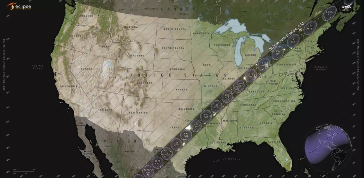 Траектория полного солнечного затмения 8 апреля 2024 года пролегает через Мексику, США — от Техаса до штата Мэн — и Канаду