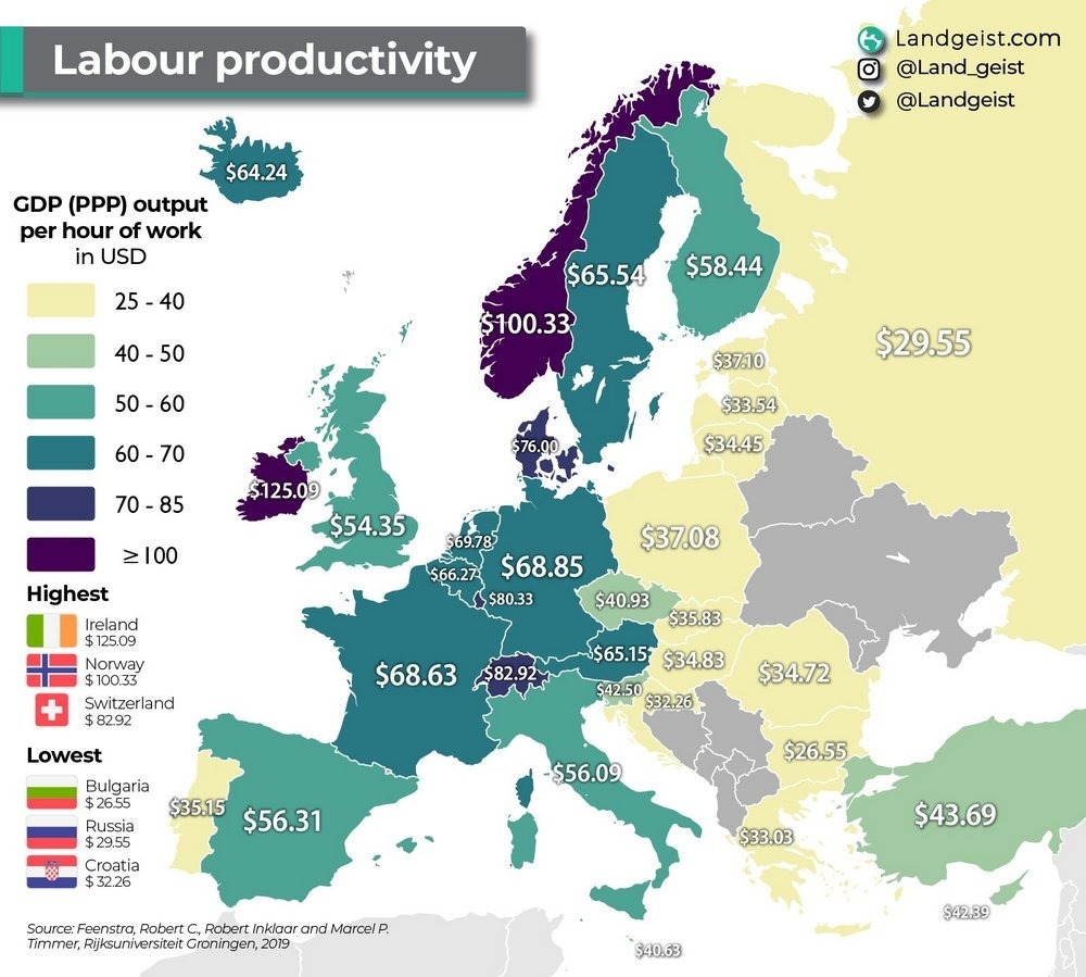 Производительность труда по странам Европы в 2019 году 