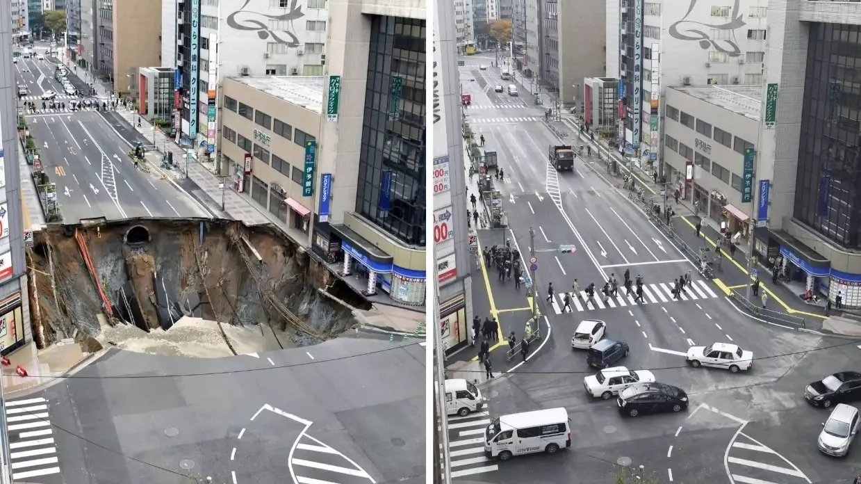 В Японии за неделю починили отрезок улицы, где произошел огромный провал грунта.